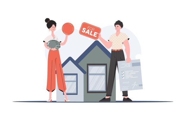 La Jeune Fille Achète Une Maison Agent Immobilier Avec Tableau à Vendre Et Document Concept D'achat Immobilier Tendance Illustration Vectorielle