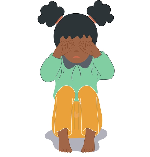 Vecteur jeune fille africaine assise peur déprimée triste fille semble solitaire illustration vectorielle d'un enfant effrayé sans défense inquiétude et peur style plat fond blanc