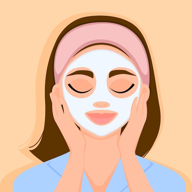 La Jeune Fille A Appliqué Un Masque Cosmétique Sur Son Visage Nettoyage Et Soins Du Visage Spa à Domicile Illustration Vectorielle