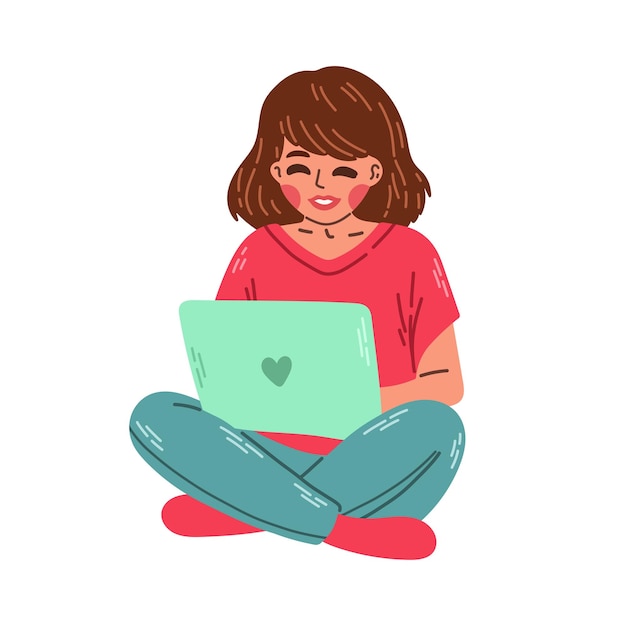 Jeune fille assise sur le sol et étudiant sur ordinateur portable. Illustration plate de l'apprentissage en ligne et du tutoriel