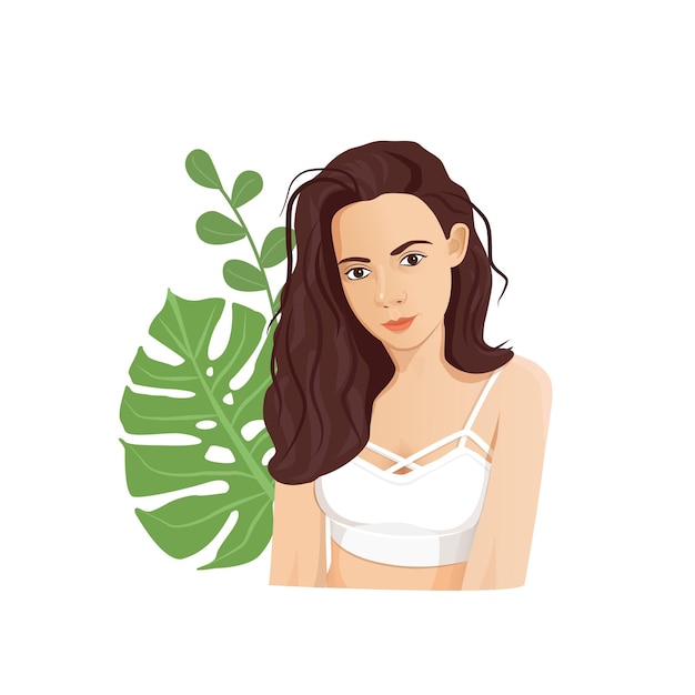 Jeune Fille Brune En Haut Blanc Sur Fond De Feuilles Exotiques Illustration Vectorielle D'une Fille