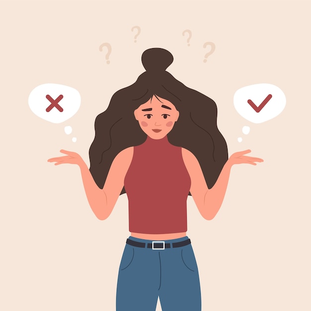 Jeune fille choisissez oui ou non Femme prenant une décision dans le doute Résolution de problèmes Concept de choix ou de sélection Illustration vectorielle dans le style de dessin animé plat