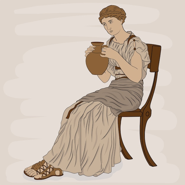 Vecteur une jeune fille dans une ancienne tunique grecque est assise sur une chaise et boit du vin dans une cruche figure isolé sur fond blanc
