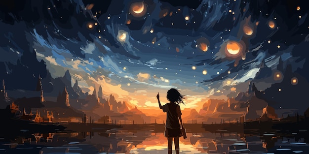 Vecteur une jeune fille debout pendant la journée tendant la main pour saisir une étoile dans la dimension nocturne peinture d'illustration de style art numérique