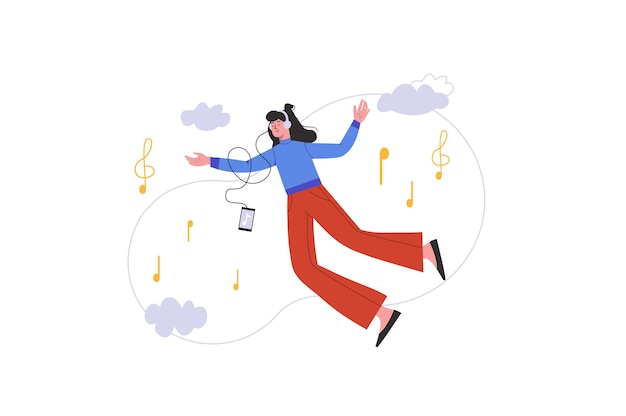 Jeune fille écoutant de la musique avec des écouteurs. Heureuse femme rêvant et volant avec mélodie sur smartphone, scène de personnes isolée. Détendez-vous avec le concept de chansons. Illustration vectorielle au design plat minimal