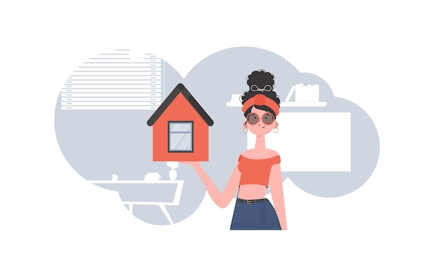 Vecteur la jeune fille est représentée jusqu'à la taille tenant une petite maison dans ses mains vendant une maison ou un bien immobilier style tendance illustration vectorielle