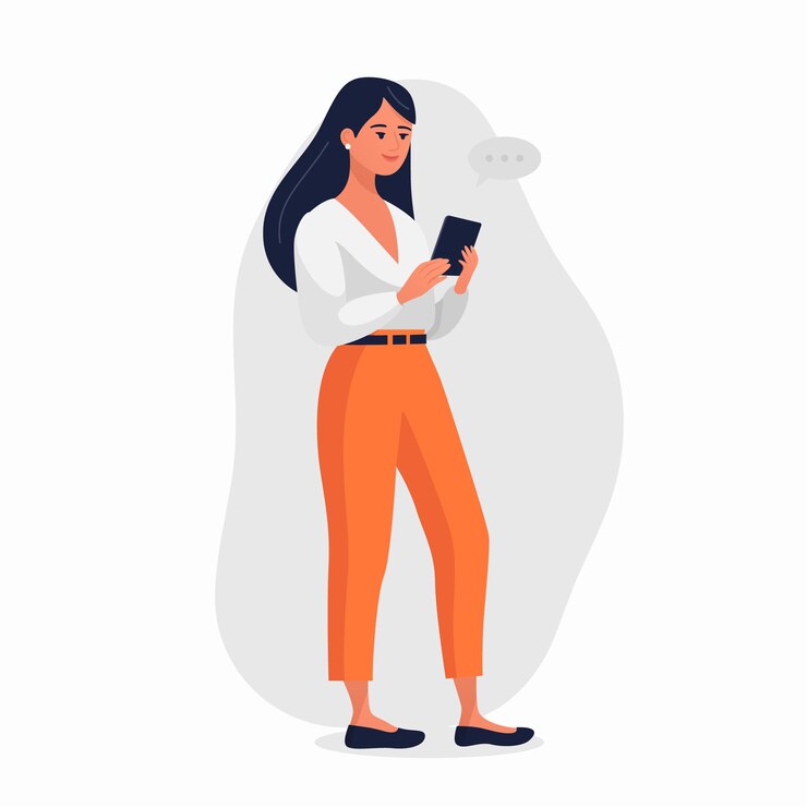 Vecteur une jeune fille est en train de regarder sur son smartphone et de discuter une jeune fille heureuse des femmes parlent en tapant sur le téléphone un personnage de dessin animé plein corps plat en vêtements décontractés illustration vectorielle