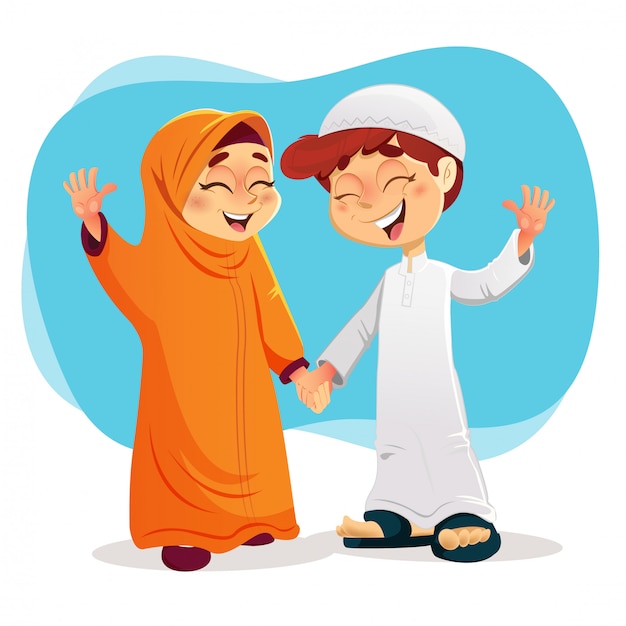 Vecteur jeune fille et garçon musulman heureux