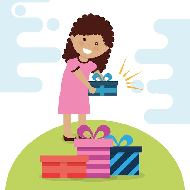 Jeune Fille Heureuse, Tenant Une Boîte-cadeau Lumineuse Et De Nombreux Cadeaux En Illustration Vectorielle De Plancher Vecteur