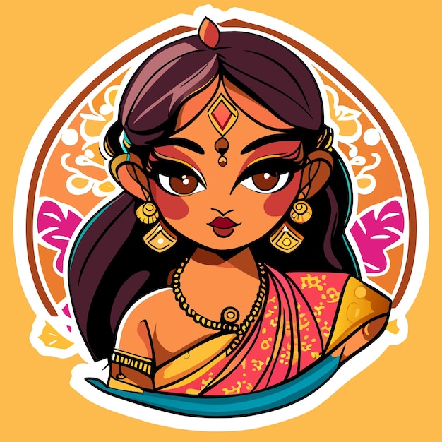 Jeune Fille Indienne Mignonne Dessin Animé Dessiné à La Main Autocollant Icône Concept Illustration Isolée