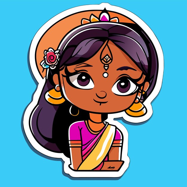 Vecteur jeune fille indienne mignonne dessin animé dessiné à la main autocollant icône concept illustration isolée