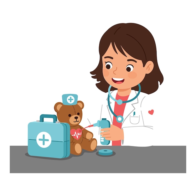 Une jeune fille joue au docteur avec un ours en peluche et un kit médical dans un environnement coloré