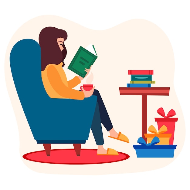 Vecteur une jeune fille lisant un livre et assise sur un fauteuil confortable une jolie femme lit un livre à la maison