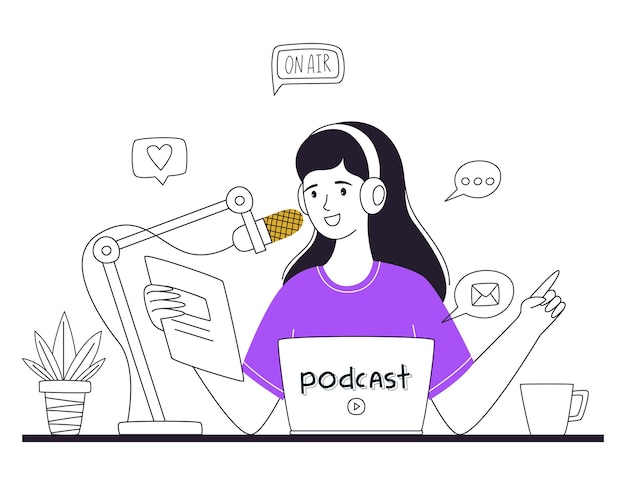 La Jeune Fille Lit Les Nouvelles En Parlant Dans Le Microphone Héberge Un Podcast Ou Une émission En Ligne Une Femme Enregistre Un Podcast Le Concept De Podcasting Blogging Radio Diffusé Illustration Vectorielle De Contour