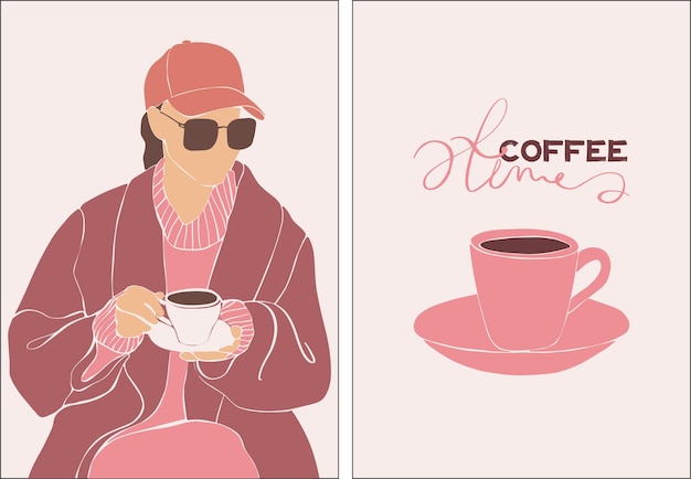 Vecteur jeune fille à la mode avec une tasse de café dans un café de rue. un ensemble d'affiches.