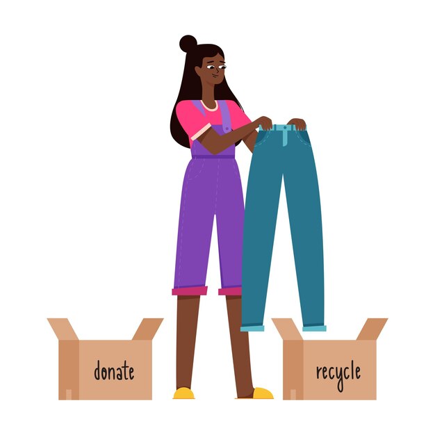 Une jeune fille noire tient un jean bleu dans ses mains et pense à en faire don ou à le recycler Consommation raisonnable encombrant le tri des vêtements Illustration vectorielle plane sur fond blanc