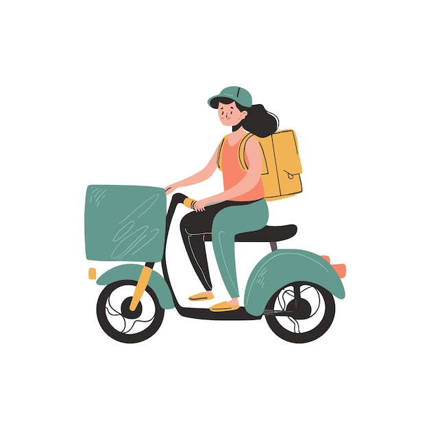 Jeune Fille Sur Un Scooter Avec Un Sac Illustration Vectorielle De Dessin Animé Isolée Sur Un Fond Solide