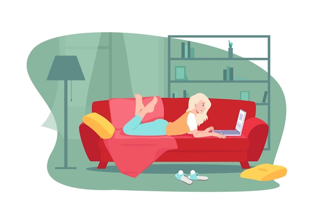 Vecteur la jeune fille se trouve sur un sofa à la maison travaillant en ligne