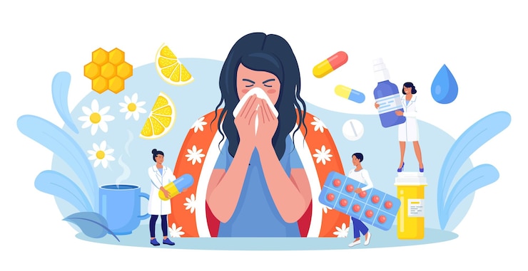 Vecteur jeune fille souffrant d'angine, de grippe ou de tout autre virus du rhume. femme éternuant et toussant, utilisant un mouchoir ou une serviette. façons de traiter la maladie avec des pilules, des médicaments, du thé chaud au citron, du miel