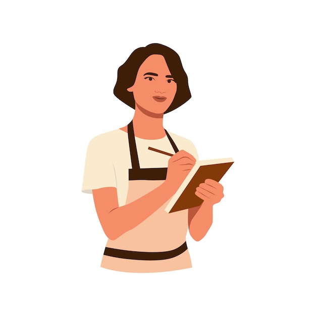 Jeune fille souriante barista portant un tablier tenant un cahier à stylo pour les clients Service de café