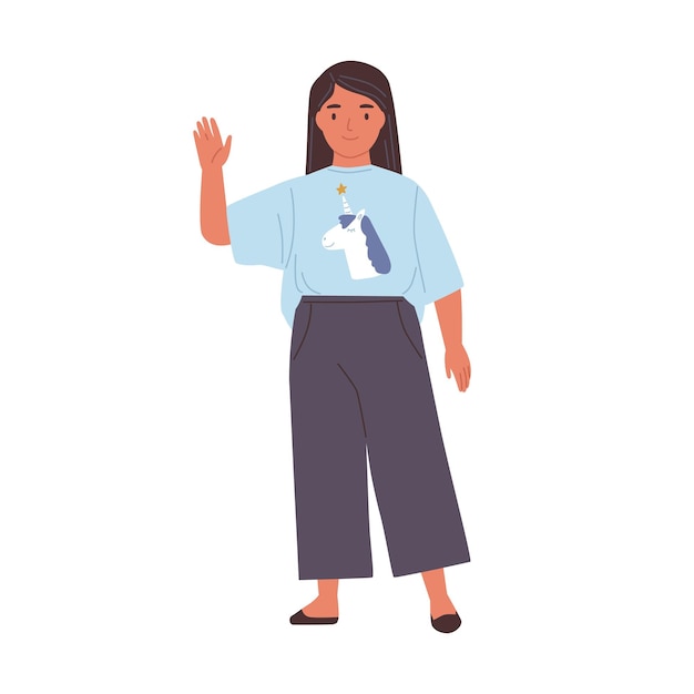 Jeune fille souriante avec un visage amical agitant la main et disant bonjour ou au revoir. Joyeux enfant faisant des gestes bonjour ou au revoir. Enfant debout en t-shirt et pantalon. Illustration vectorielle plane isolée sur fond blanc.