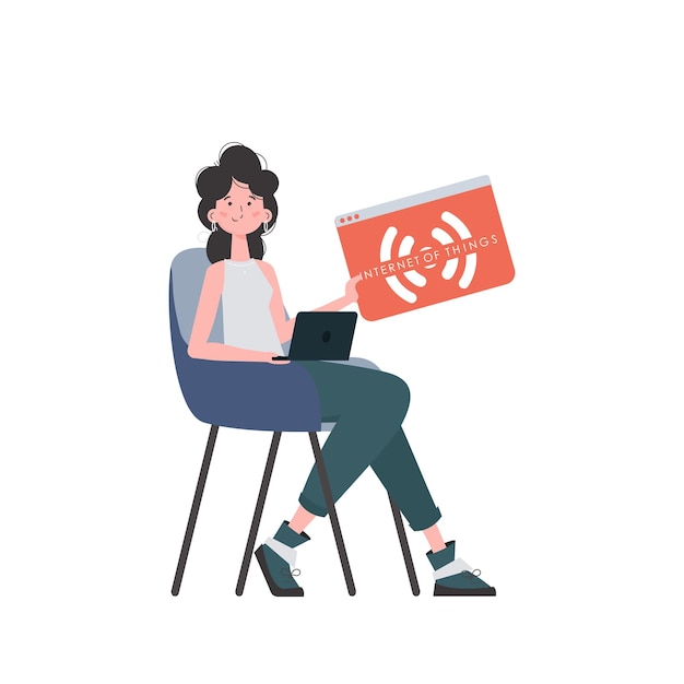 La jeune fille tient l'icône IoT dans ses mains Internet des objets et concept d'automatisation Vecteur isolé