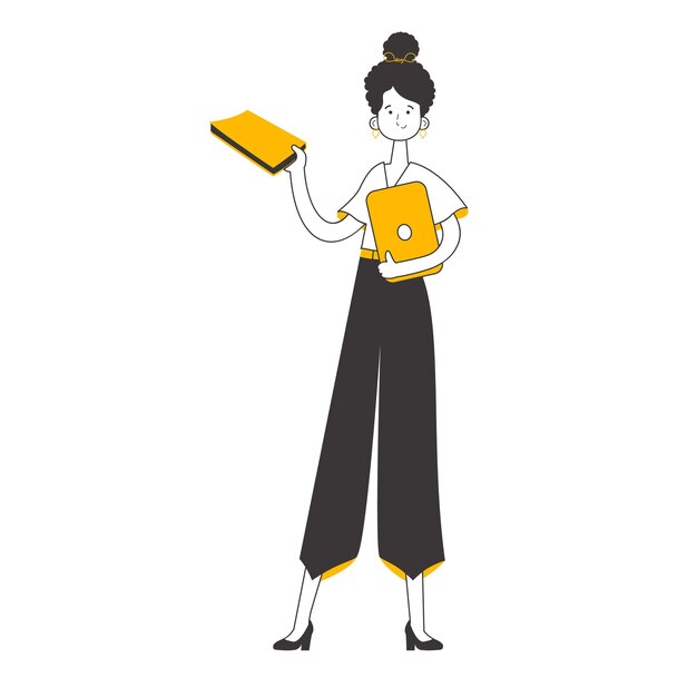 La jeune fille tient un livre et un ordinateur portable dans ses mains Style d'art en ligne isolé sur fond blanc