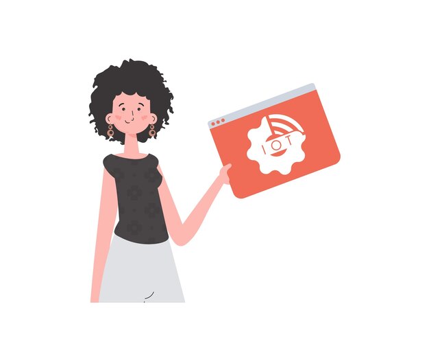 La jeune fille tient le logo IoT dans ses mains Illustration vectorielle isolée du concept IoT dans un style plat
