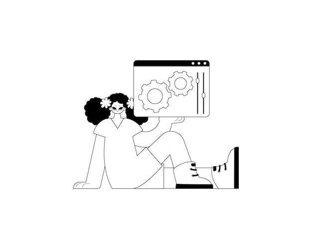 La jeune fille tient un navigateur avec le contexte et la réparation de l'image support thème noir et cendré ligne téléphonique art style tendance Illustration vectorielle