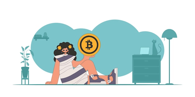 Vecteur la jeune fille tient une pièce de monnaie bitcoin concept de crypto-monnaie