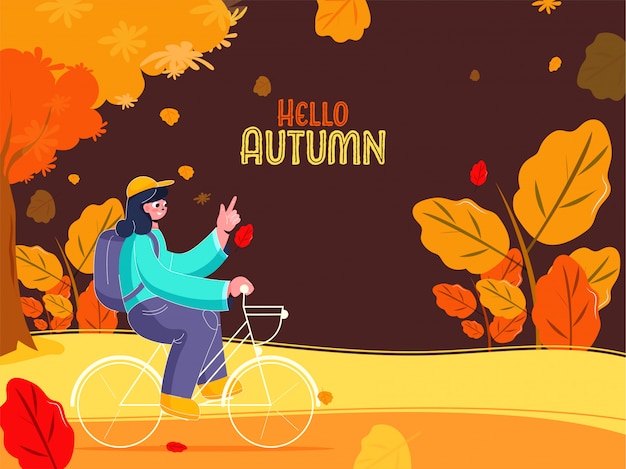 Jeune Fille à Vélo Avec Un Sac à Dos Sur Fond Brun Nature Vue Pour Bonjour L'automne.