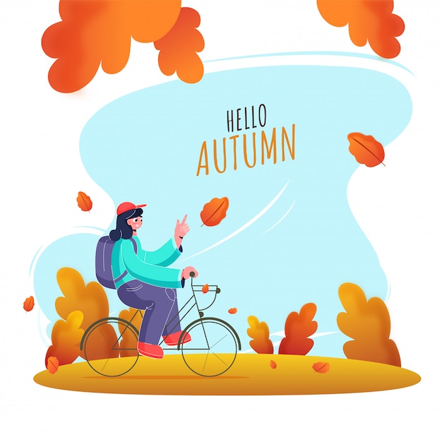 Jeune Fille à Vélo Avec Un Sac à Dos Sur Fond De Nature Abstraite Pour Bonjour L'automne.
