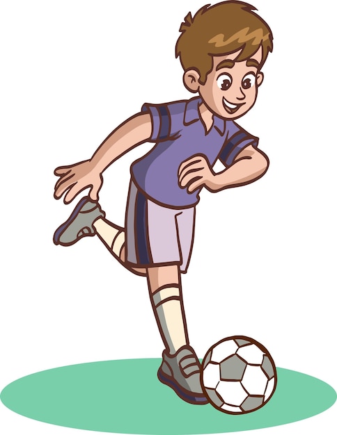 Jeune Garçon Jouant Au Football Vector Illustration.cute Petit Garçon Jouant Au Football Donnant Des Coups De Pied Au Football.