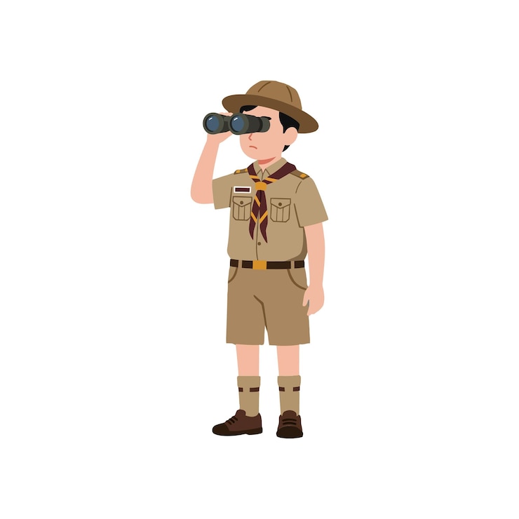 Vecteur un jeune garçon portant un uniforme de scout regardant à travers des jumelles dans une illustration vectorielle de style minimal plat