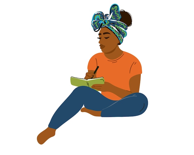 Vecteur jeune et heureuse femme afro-américaine assise et prenant des notes dans un cahier.