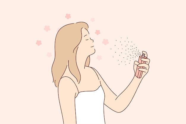 Jeune heureux joyeux souriant belle femme personnage de dessin animé pulvérisation appliquant un parfum avec un parfum magnifique sur la peau