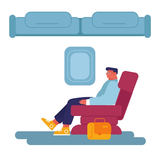 Vecteur jeune homme d'affaires assis dans un siège d'avion confortable se détendre pendant le vol.