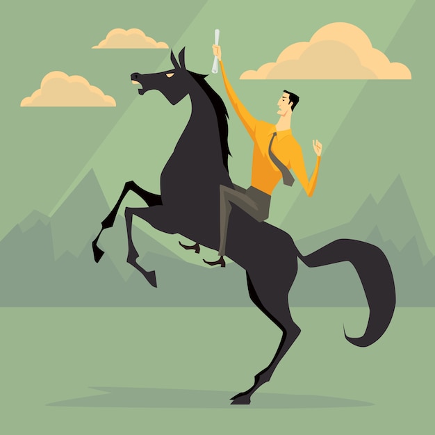 Jeune homme d'affaires chevauchant un cheval
