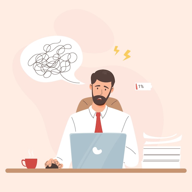 Jeune homme d'affaires frustré fatigué dans le stress psychologique au bureau