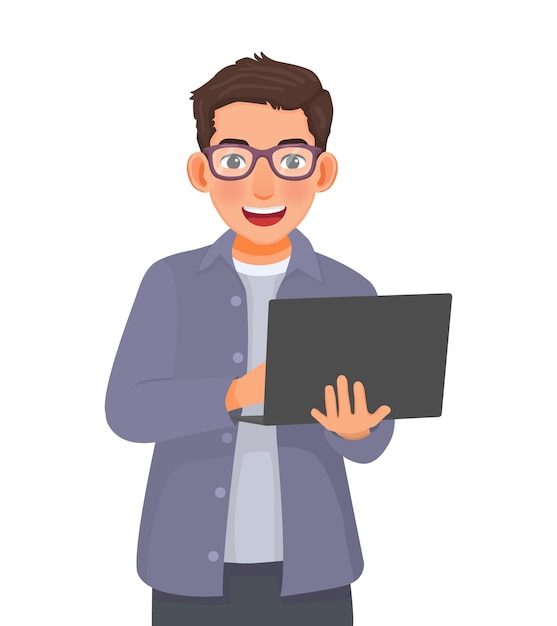Jeune homme d'affaires avec des lunettes utilisant un ordinateur portable
