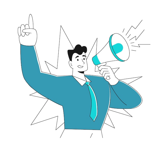 Un jeune homme d'affaires moderne criant dans un mégaphone Concept de promotions cours d'information sur l'alphabétisation financière
