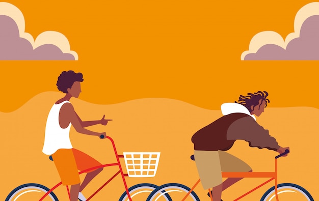 Vecteur jeune homme africain à vélo avec ciel orange