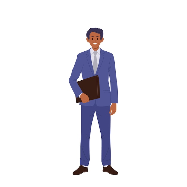 Un jeune homme amical, souriant, avocat, personnage de dessin animé portant un élégant costume d'affaires isolé sur blanc.