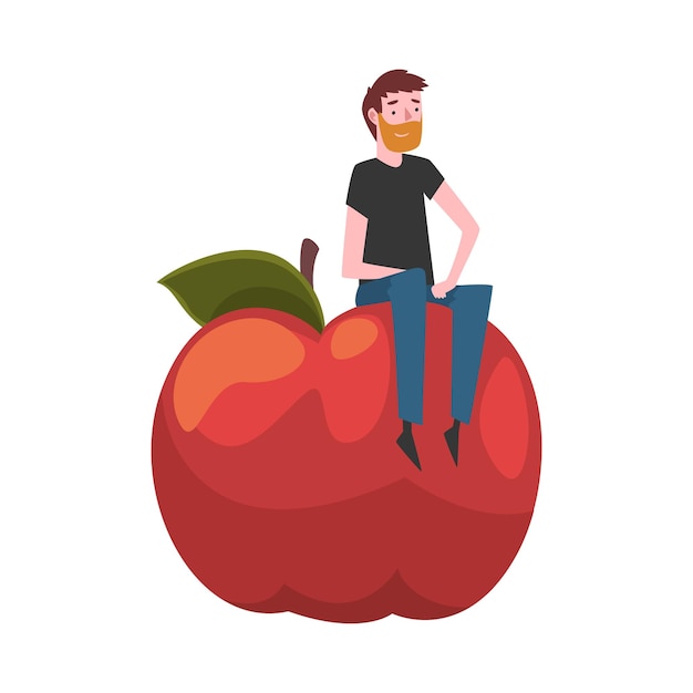 Jeune homme assis sur une pomme géante personnage d'agriculteur masculin avec vecteur de fruits organiques naturels