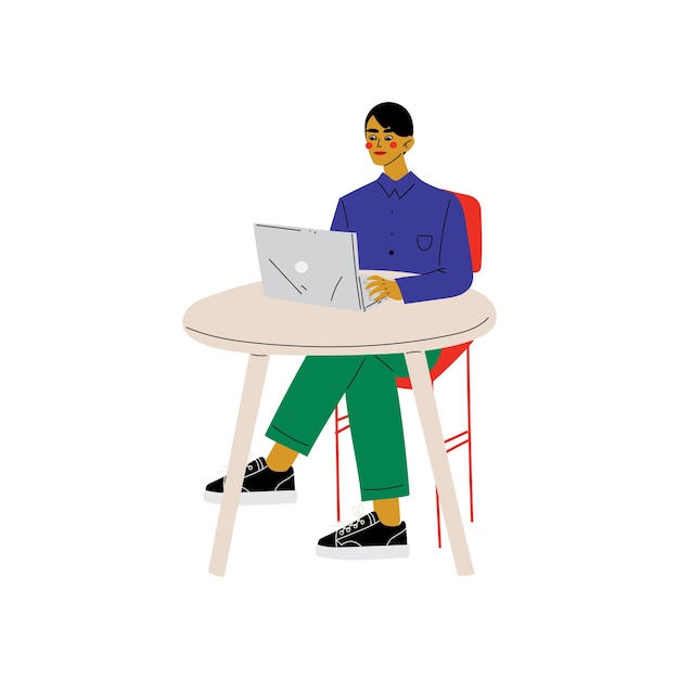 Jeune Homme Assis à Son Bureau Et Travaillant Sur Un Ordinateur Portable Illustration Vectorielle Du Concept De Réseau Social Sur Fond Blanc