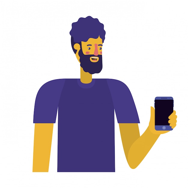 Vecteur jeune homme avec barbe et smartphone