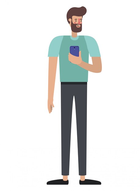 Vecteur jeune homme avec barbe et smartphone