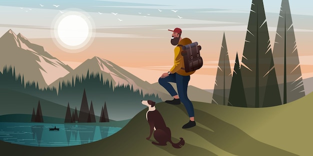 Vecteur jeune homme barbu fait de la randonnée dans les montagnes avec un chien illustration vectorielle graphique plat