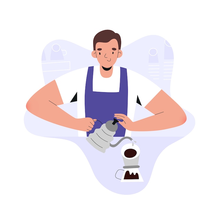Vecteur jeune homme barista faisant du café
