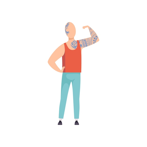 Vecteur jeune homme chauve avec des tatouages guy ayant un tatouage sur son bras et sa tête illustration vectorielle sur fond blanc